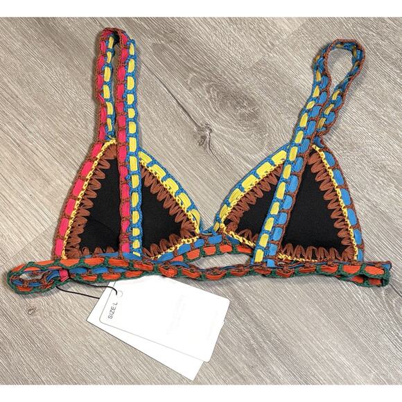 Crochet Bikini Swim Top Cobalt Blue Womens Large Bright Trim Love Island - Picture 2 of 4